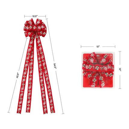 13" Decorative Christmas Tree Topper Bow (2.5" Wired Ribbon) | "Puff Print Candy" Red Flocked LaRibbons and Crafts