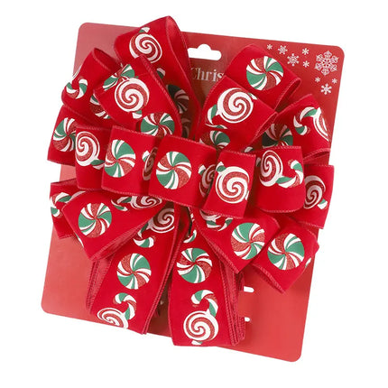 13" Decorative Christmas Tree Topper Bow (2.5" Wired Ribbon) | "Puff Print Candy" Red Flocked LaRibbons and Crafts