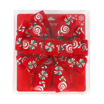 13" Decorative Christmas Tree Topper Bow (2.5" Wired Ribbon) | "Puff Print Candy" Red Flocked LaRibbons and Crafts