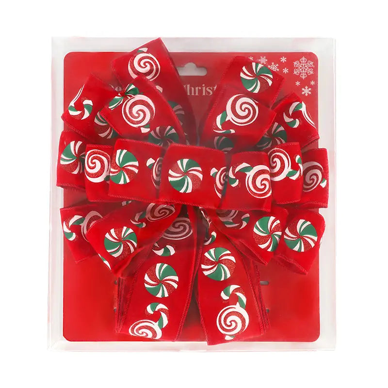 13" Decorative Christmas Tree Topper Bow (2.5" Wired Ribbon) | "Puff Print Candy" Red Flocked LaRibbons and Crafts