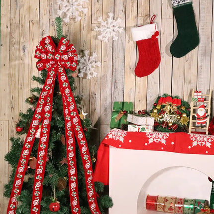 13" Decorative Christmas Tree Topper Bow (2.5" Wired Ribbon) | "Puff Print Candy" Red Flocked LaRibbons and Crafts