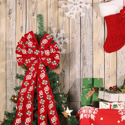 13" Decorative Christmas Tree Topper Bow (2.5" Wired Ribbon) | "Puff Print Candy" Red Flocked LaRibbons and Crafts
