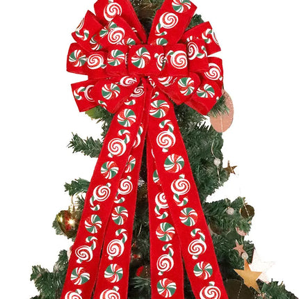 13" Decorative Christmas Tree Topper Bow (2.5" Wired Ribbon) | "Puff Print Candy" Red Flocked LaRibbons and Crafts