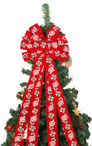 13" Decorative Christmas Tree Topper Bow (2.5" Wired Ribbon) | "Puff Print Candy" Red Flocked