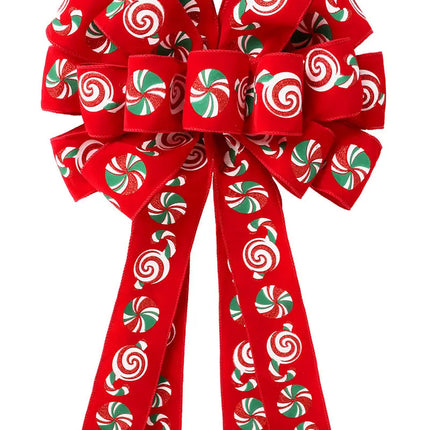 13" Decorative Christmas Tree Topper Bow (2.5" Wired Ribbon) | "Puff Print Candy" Red Flocked LaRibbons and Crafts