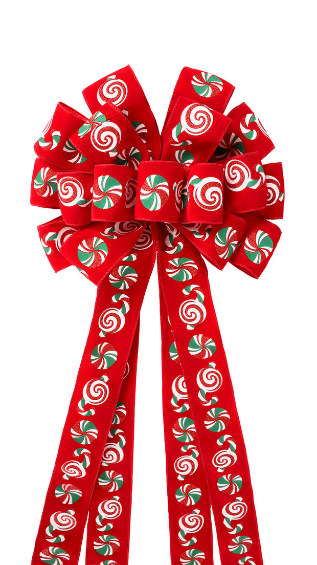 13" Decorative Christmas Tree Topper Bow (2.5" Wired Ribbon) | "Puff Print Candy" Red Flocked