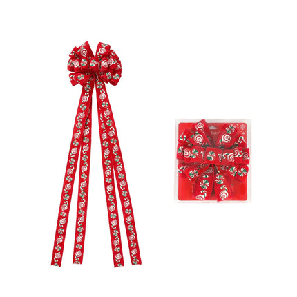13" Decorative Christmas Tree Topper Bow (2.5" Wired Ribbon) | "Puff Print Candy" Red Flocked LaRibbons and Crafts