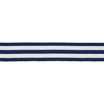 Navy & white vertical stripe grosgrain ribbon on spool, partially unrolled