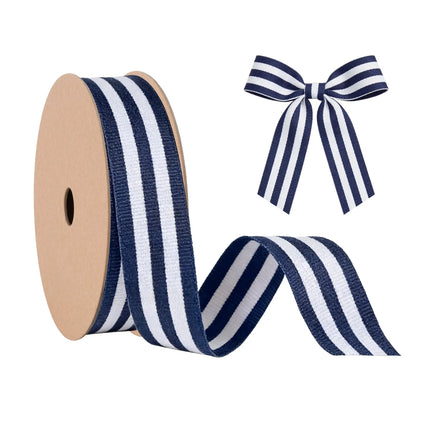 Navy and white striped grosgrain ribbon with matching bow, perfect for nautical-themed crafts, gift wrapping, and decor.