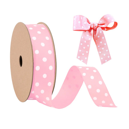 pink polka dot grosgrain ribbon with matching bow, featuring a playful pattern for party decor.