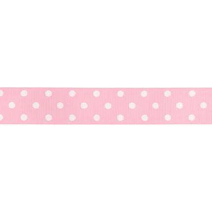 1 1/2" pink polka dot grosgrain ribbon, white dots on pastel pink, ideal for gift wrapping and party decor
