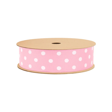 Light pink polka dot grosgrain ribbon, 1 1/2", adds retro charm to floral arrangements and gifts