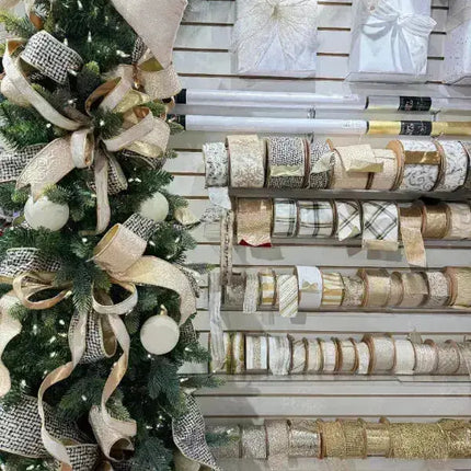 2 1/2" Wired Ribbon Black/Ivory/Gold Jacquard Tweed Gold Dupioni-fused Backing | 10 Yard Roll