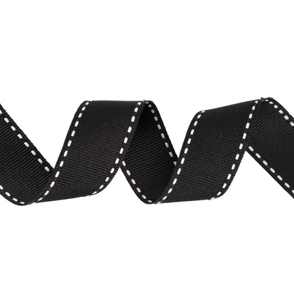 Curled black grosgrain ribbon, white saddle stitch & ribbed texture