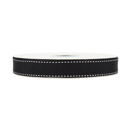 Full spool of black grosgrain ribbon with white saddle stitch, neat