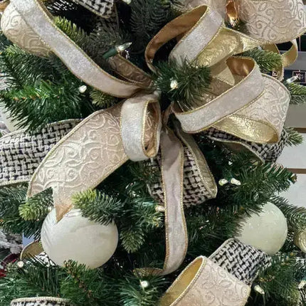 2 1/2" Wired Ribbon Black/Ivory/Gold Jacquard Tweed Gold Dupioni-fused Backing | 10 Yard Roll