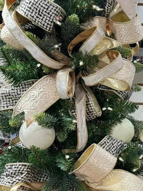 2 1/2" Wired Ribbon Black/Ivory/Gold Jacquard Tweed Gold Dupioni-fused Backing | 10 Yard Roll