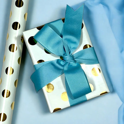 17" x 33' Mini Wrapping Paper | Blue w/ Gold Metallic Polka Dot LaRibbons and Crafts