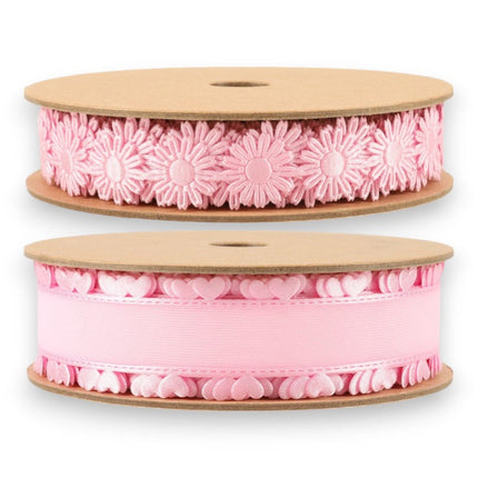 Ultrasonic Cut 3/4" Pink Daisy/1" Pink Organza Heart Bundle | 20 Yards LaRibbons and Crafts