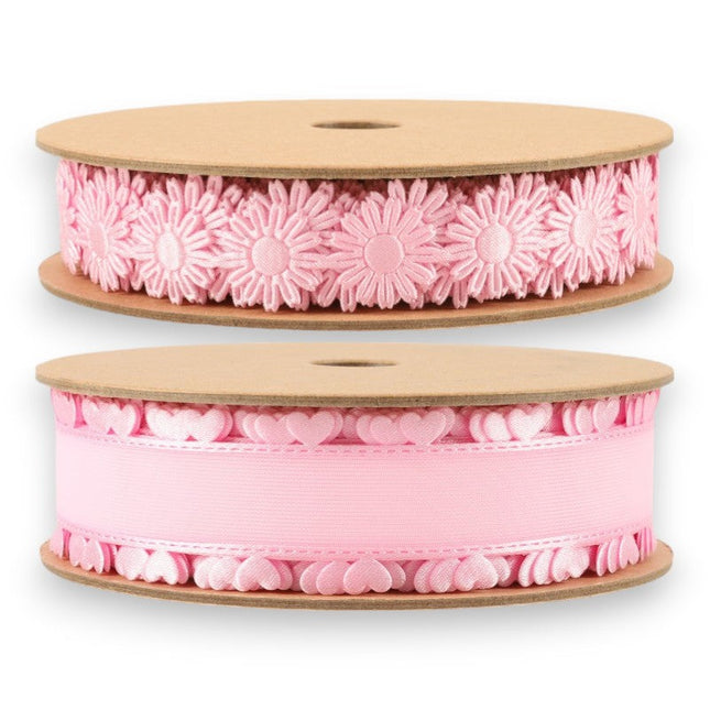 Ultrasonic Cut 3/4" Pink Daisy/1" Pink Organza Heart Bundle | 20 Yards LaRibbons and Crafts