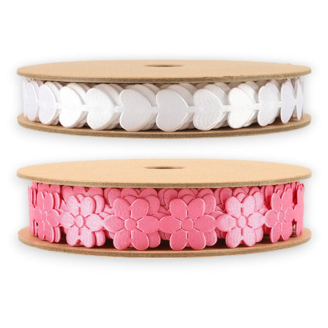 3/4" Ultrasonic Cut White Heart/Pink Flower Bundle | 20 Yards LaRibbons and Crafts