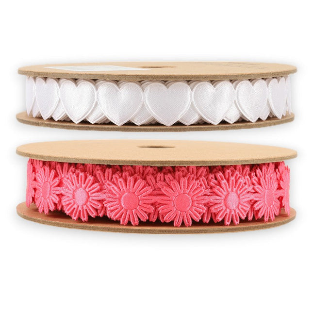3/4" Ultrasonic Cut White Heart/Hot Pink Daisy Bundle/20 Yards LaRibbons and Crafts