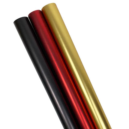 3 stunning rolls of 30" x 10' wrapping paper in timeless red, sleek black, and opulent gold