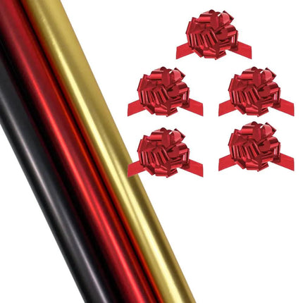 30" x 10' matte wrapping paper bundle (3-pack: red, gold, black) + 5 red metallic pull bows