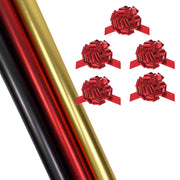 30" x 10' Matte Wrapping Paper Bundle (3-Pack) w/5 Pull Bows | Red/Gold/Black/Red Metallic Bows