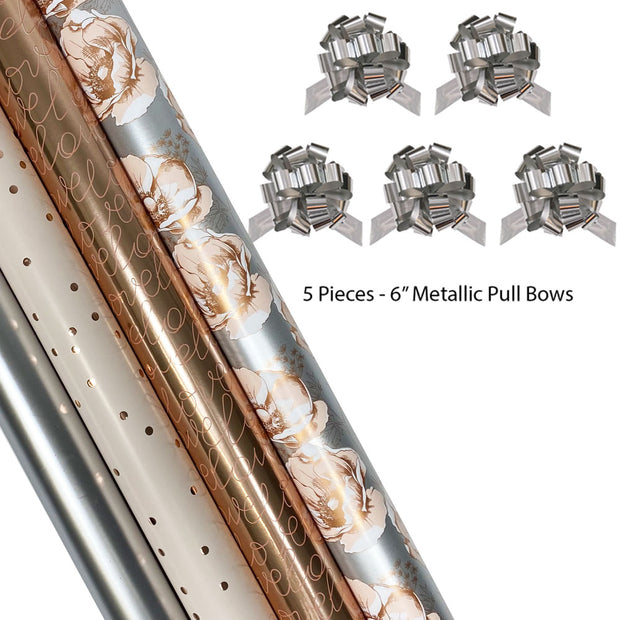 30" x 10' Wrapping Paper Bundle (4-Pack) w/5 Pull Bows | Rose Gold/Matte Silver Floral/Silver Bows