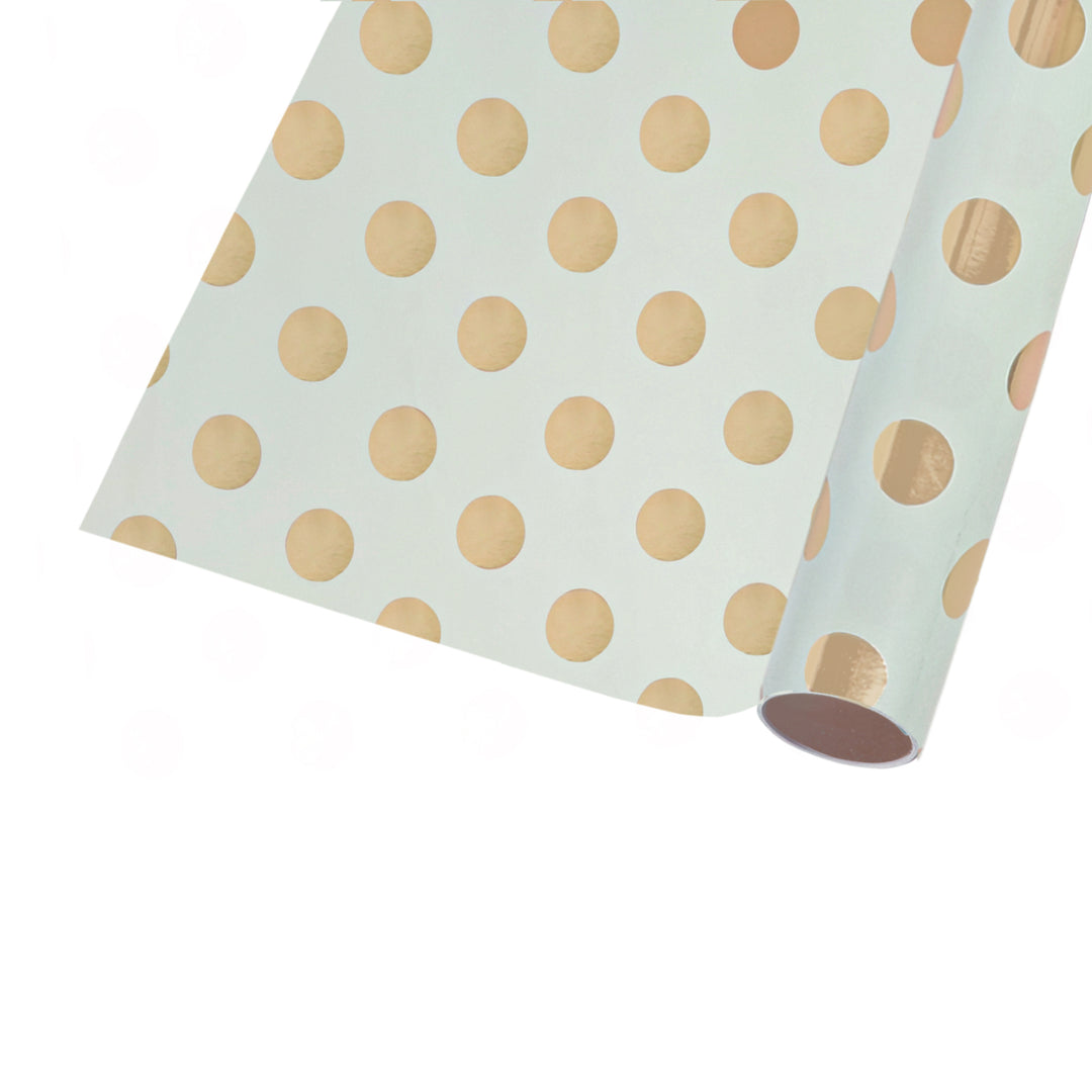 17" x 33' Mini Wrapping Paper | Blue w/ Gold Metallic Polka Dot