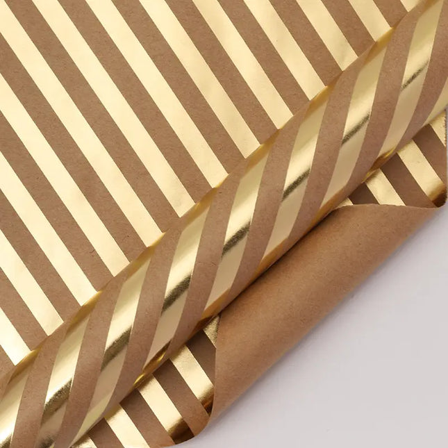 17" x 33' Mini Wrapping Paper | Kraft w/ Gold Metallic Diagonal Stripe LaRibbons and Crafts