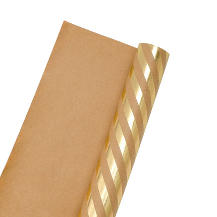 17" x 33' Mini Wrapping Paper | Kraft w/ Gold Metallic Diagonal Stripe LaRibbons and Crafts