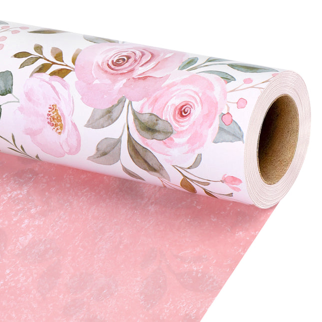 17" X 33' Reversible Wrapping Paper | Pink Watercolor Roses w/ Pink