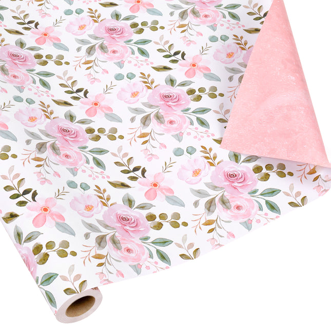 17" X 33' Reversible Wrapping Paper | Pink Watercolor Roses w/ Pink