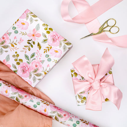 17" X 33' Reversible Wrapping Paper | Pink Watercolor Roses w/ Pink