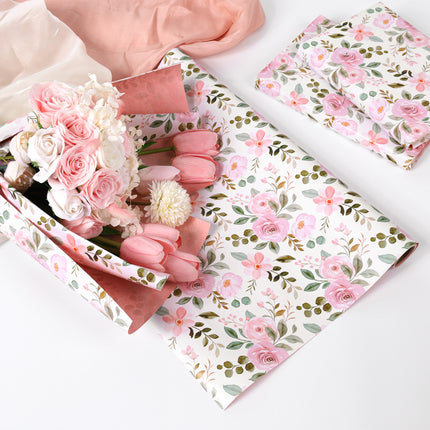 17" X 33' Reversible Wrapping Paper | Pink Watercolor Roses w/ Pink
