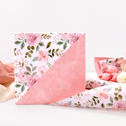 17" X 33' Reversible Wrapping Paper | Pink Watercolor Roses w/ Pink