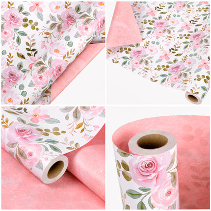 17" X 33' Reversible Wrapping Paper | Pink Watercolor Roses w/ Pink