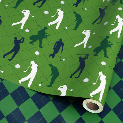 17" X 33' Reversible Wrapping Paper | Golfers w/ Green/Black Plaid