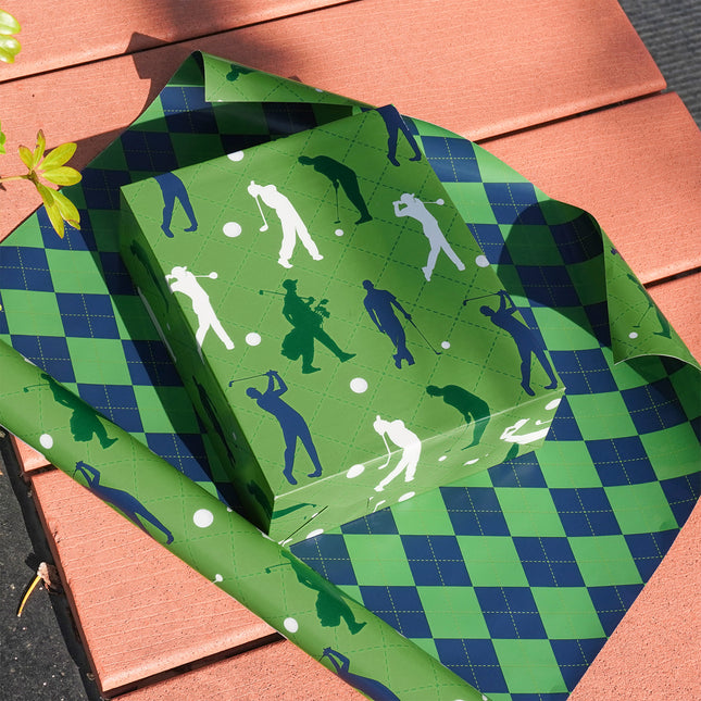 17" X 33' Reversible Wrapping Paper | Golfers w/ Green/Black Plaid