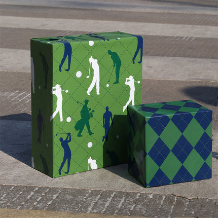 17" X 33' Reversible Wrapping Paper | Golfers w/ Green/Black Plaid
