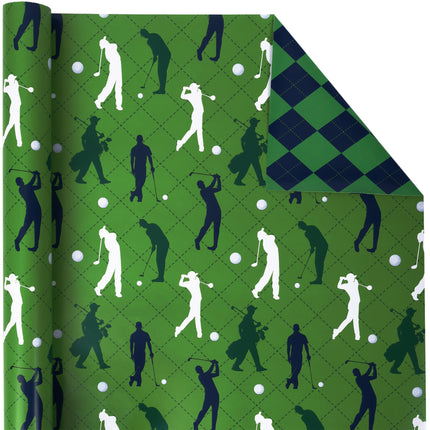17" X 33' Reversible Wrapping Paper | Golfers w/ Green/Black Plaid
