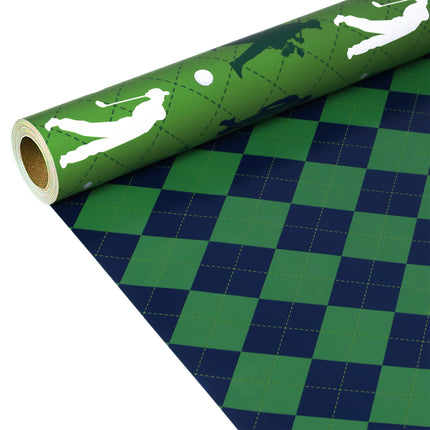17" X 33' Reversible Wrapping Paper | Golfers w/ Green/Black Plaid