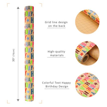 17" X 33' Kraft Wrapping Paper | Happy Birthday Text LaRibbons and Crafts