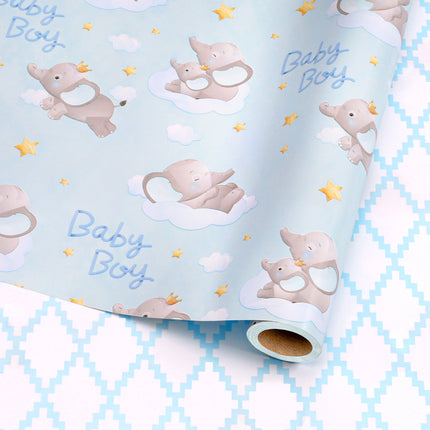 17" X 33' reversible wrapping paper blue elephant w/ blue quilted ideal for baby boy shower gifts