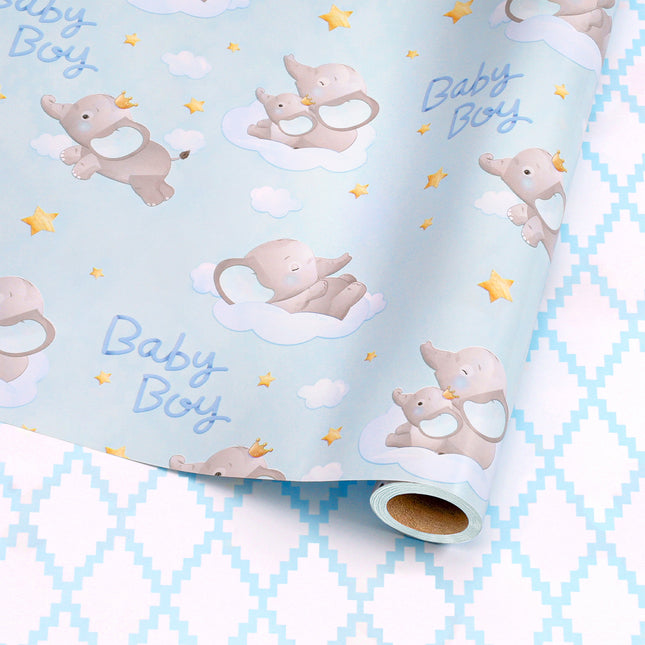17" X 33' Reversible Wrapping Paper | Blue Elephant w/ Blue Quilted