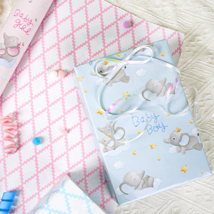 Baby shower gift: "Baby Boy" blue elephant reversible wrap (17"X33') + pink "Baby Girl" wrap 