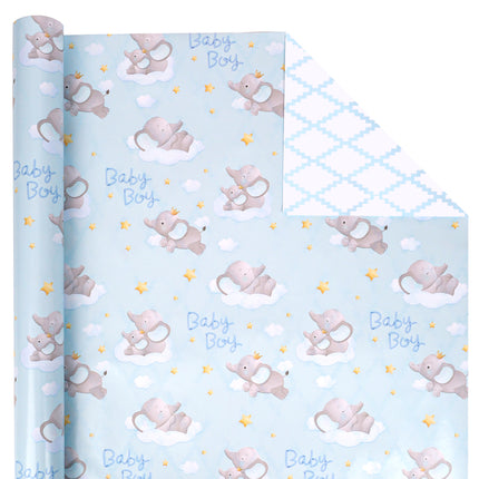 17" X 33' reversible blue elephant wrapping paper blue quilted design great for gentle baby shower decor