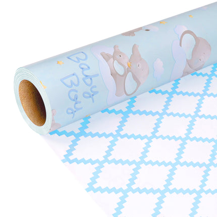 17" X 33' blue quilted reversible wrapping paper blue elephant print fits baby boy gift wrap 